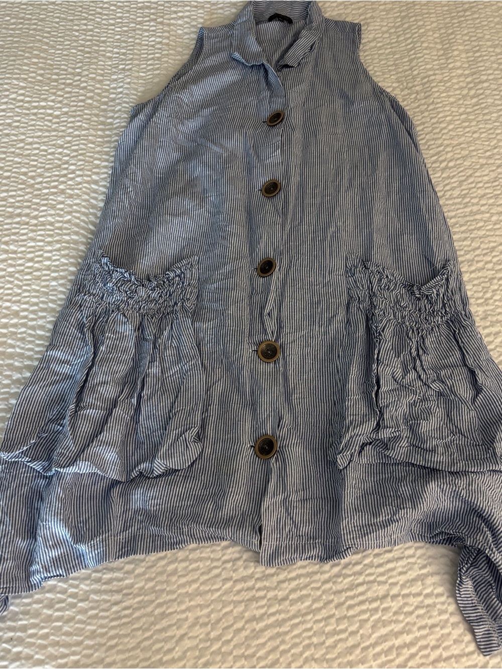 For Cynthia Blue and White Striped Sleeveless Button Tunic